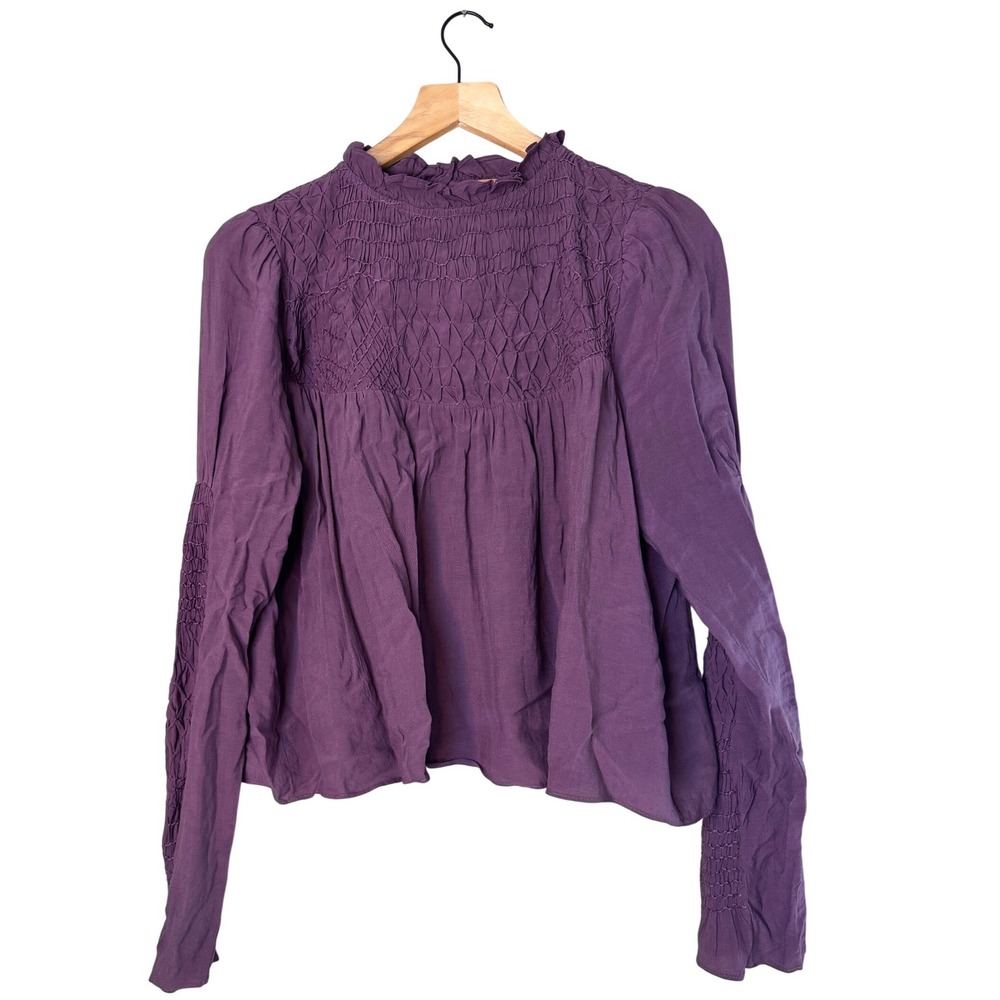 Free People Smocked Long Sleeve Blouse Purple Ruffle Neck OB1826832 Womens Small